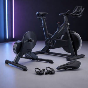 Equipamentos de bike indoor: rolo de treino, bikes, pedais e banco