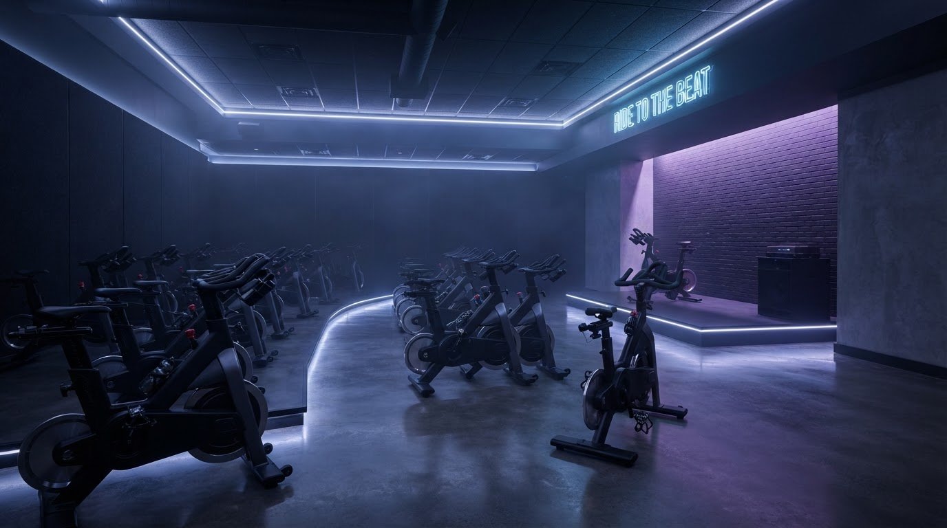 Estúdio de bike indoor com bikes de spinning e iluminação premium"