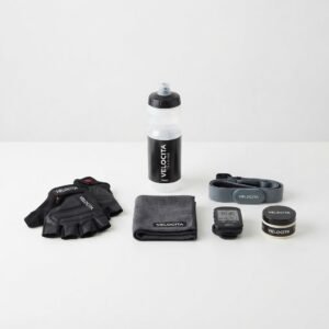 Acessórios de ciclismo indoor: luvas, garrafa e toalha para treino
